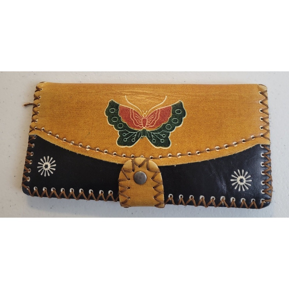 Butterfly Wallet Boho Western Whipstitch Tooled Style Tan Brown Black